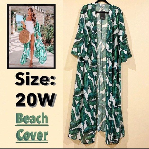 20W Chiffon Semi-Sheer Kimono Cardigan Green Tropical Leaves Beach Bikini Cover - Picture 1 of 8
